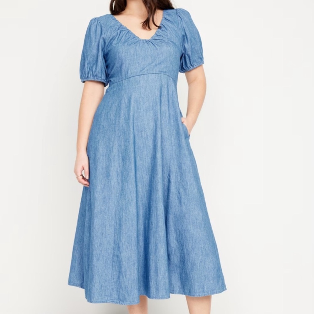 NWT Puff-Sleeve Chambray Midi Dress